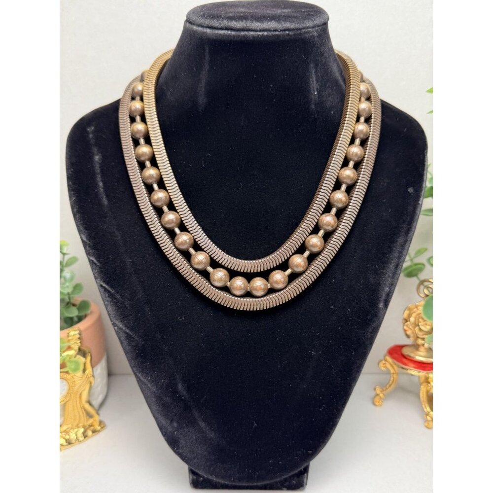 Ben Amun Vintage Bronze Tone Triple Strand Beaded Statement Choker Modernist